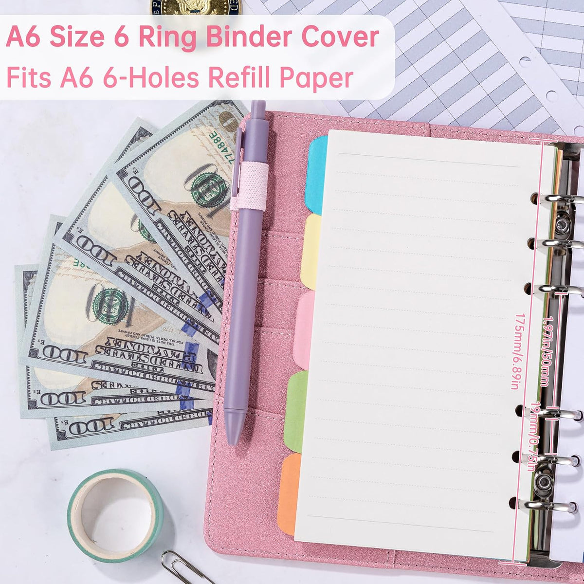A6 Notebook Binder Refillable 6 Ring Budget Binder Cover for A6 Refill Paper, PU Leather Budget Planner Organizer with Magnetic Buckle, Loose Leaf Personal Planner, Glitter Pink