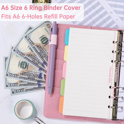 A6 Notebook Binder Refillable 6 Ring Budget Binder Cover for A6 Refill Paper, PU Leather Budget Planner Organizer with Magnetic Buckle, Loose Leaf Personal Planner, Glitter Pink