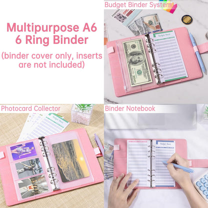 A6 Notebook Binder Refillable 6 Ring Budget Binder Cover for A6 Refill Paper, PU Leather Budget Planner Organizer with Magnetic Buckle, Loose Leaf Personal Planner, Glitter Pink