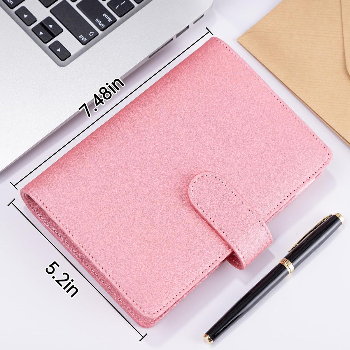 A6 Notebook Binder Refillable 6 Ring Budget Binder Cover for A6 Refill Paper, PU Leather Budget Planner Organizer with Magnetic Buckle, Loose Leaf Personal Planner, Glitter Pink