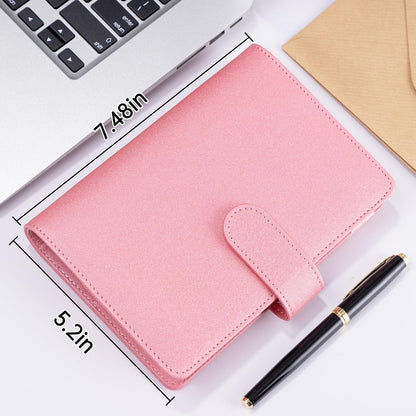 A6 Notebook Binder Refillable 6 Ring Budget Binder Cover for A6 Refill Paper, PU Leather Budget Planner Organizer with Magnetic Buckle, Loose Leaf Personal Planner, Glitter Pink