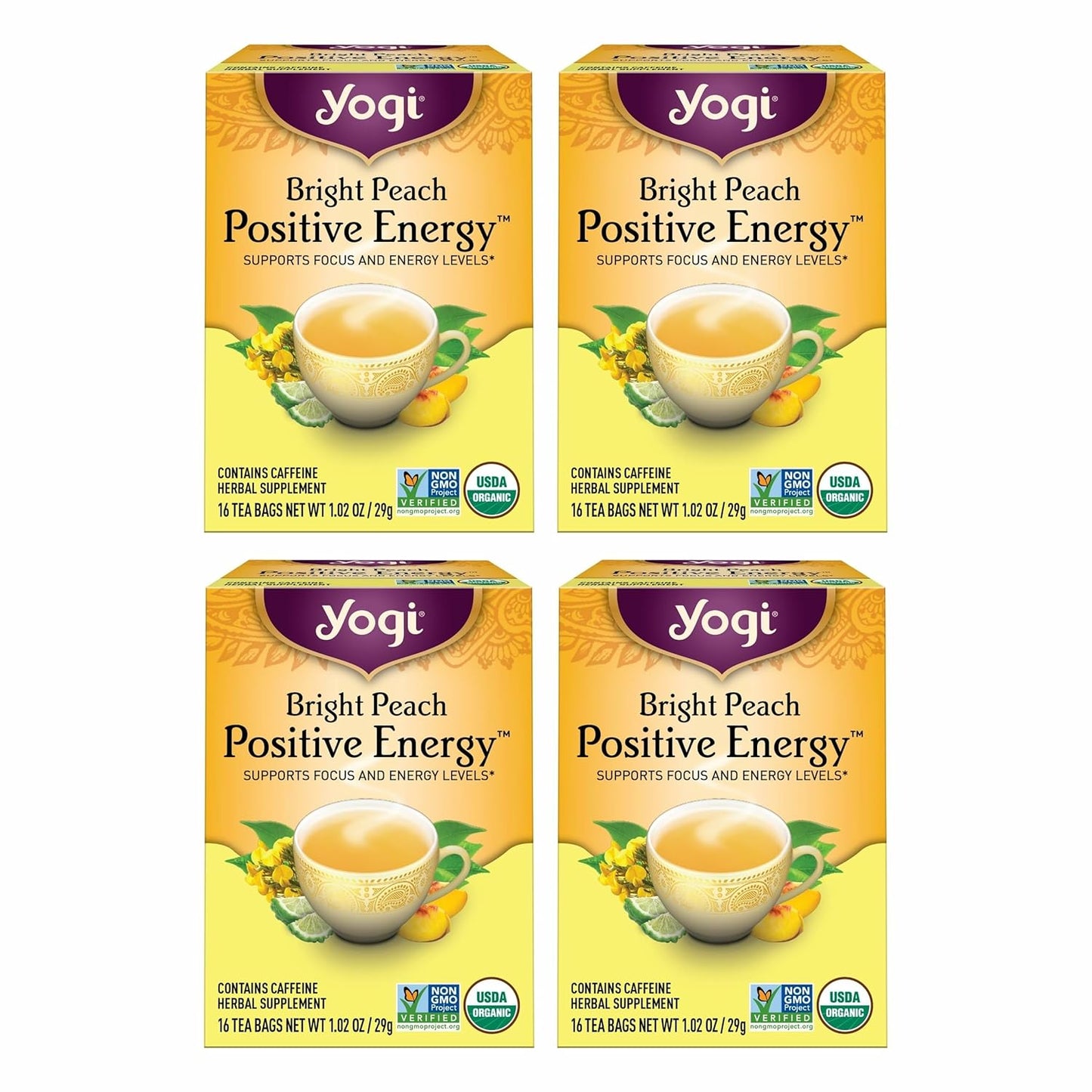 Tea Bright Peach Positive Energy Tea - 16 Tea Bags per Pack (4 Packs) - Organic Tea to Support Focus & Energy - Includes Oolong Tea Leaf, White Hibiscus Flower, Rose Hips & More