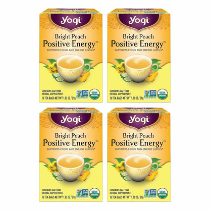 Tea Bright Peach Positive Energy Tea - 16 Tea Bags per Pack (4 Packs) - Organic Tea to Support Focus & Energy - Includes Oolong Tea Leaf, White Hibiscus Flower, Rose Hips & More