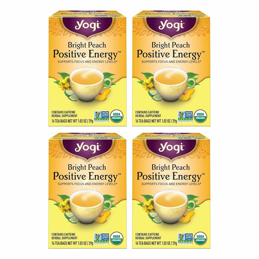 Tea Bright Peach Positive Energy Tea - 16 Tea Bags per Pack (4 Packs) - Organic Tea to Support Focus & Energy - Includes Oolong Tea Leaf, White Hibiscus Flower, Rose Hips & More