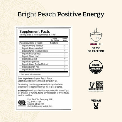 Tea Bright Peach Positive Energy Tea - 16 Tea Bags per Pack (4 Packs) - Organic Tea to Support Focus & Energy - Includes Oolong Tea Leaf, White Hibiscus Flower, Rose Hips & More