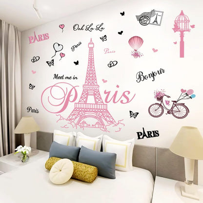Pink Paris Wall Stickers Bicycle Hot Air Balloon Eiffel Tower Wall Decals Peel and Stick Paris Tower Decor Wall Art Sticker for Bedroom Living Room Sofa Backdrop TV