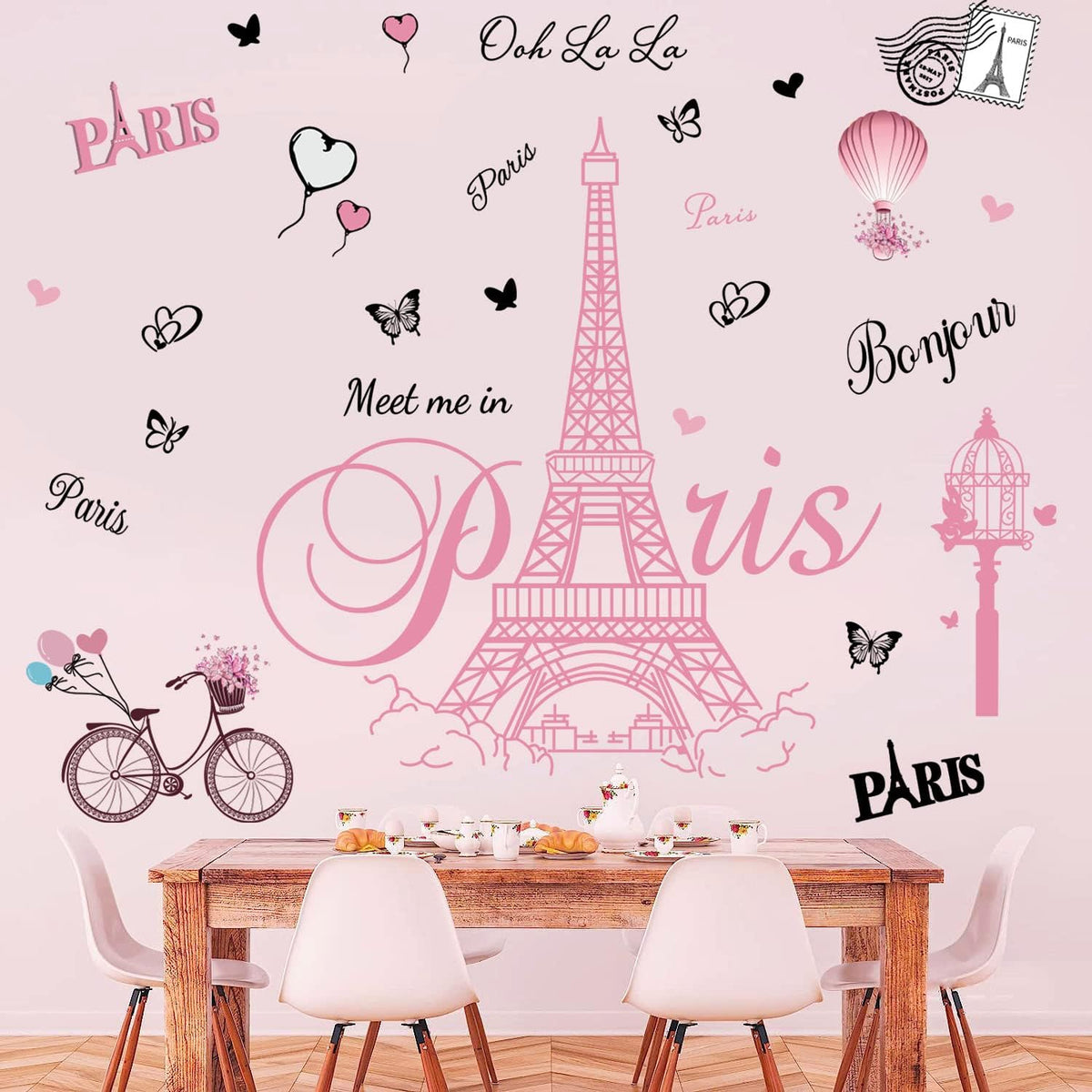 Pink Paris Wall Stickers Bicycle Hot Air Balloon Eiffel Tower Wall Decals Peel and Stick Paris Tower Decor Wall Art Sticker for Bedroom Living Room Sofa Backdrop TV