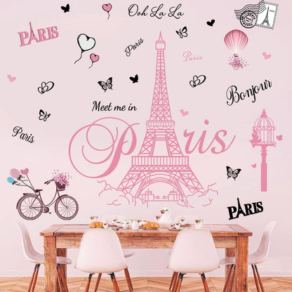 Pink Paris Wall Stickers Bicycle Hot Air Balloon Eiffel Tower Wall Decals Peel and Stick Paris Tower Decor Wall Art Sticker for Bedroom Living Room Sofa Backdrop TV