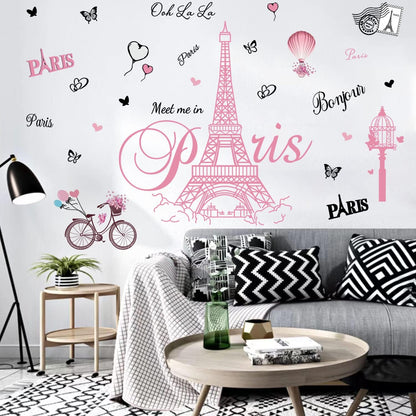 Pink Paris Wall Stickers Bicycle Hot Air Balloon Eiffel Tower Wall Decals Peel and Stick Paris Tower Decor Wall Art Sticker for Bedroom Living Room Sofa Backdrop TV