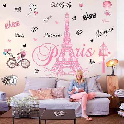 Pink Paris Wall Stickers Bicycle Hot Air Balloon Eiffel Tower Wall Decals Peel and Stick Paris Tower Decor Wall Art Sticker for Bedroom Living Room Sofa Backdrop TV