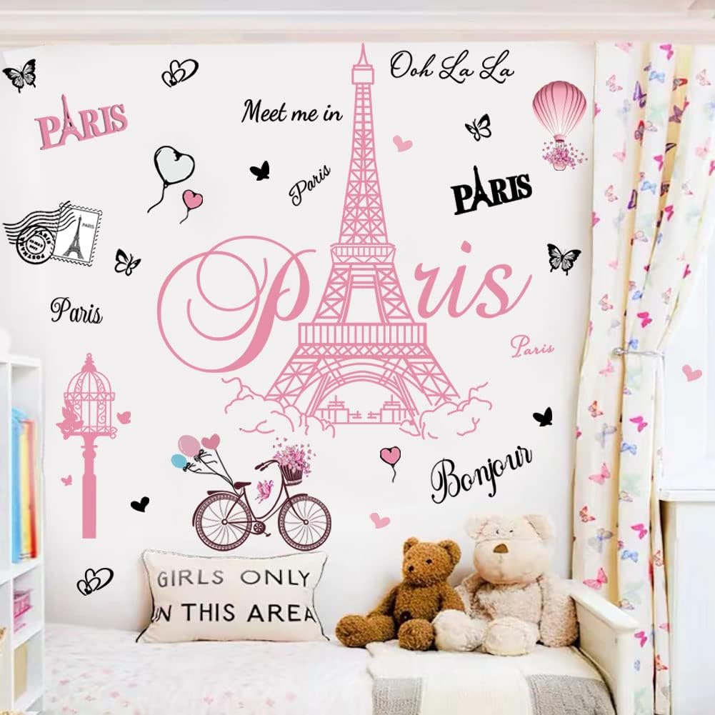 Pink Paris Wall Stickers Bicycle Hot Air Balloon Eiffel Tower Wall Decals Peel and Stick Paris Tower Decor Wall Art Sticker for Bedroom Living Room Sofa Backdrop TV