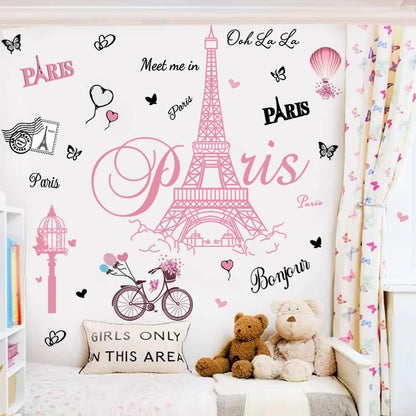 Pink Paris Wall Stickers Bicycle Hot Air Balloon Eiffel Tower Wall Decals Peel and Stick Paris Tower Decor Wall Art Sticker for Bedroom Living Room Sofa Backdrop TV