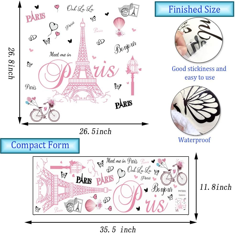 Pink Paris Wall Stickers Bicycle Hot Air Balloon Eiffel Tower Wall Decals Peel and Stick Paris Tower Decor Wall Art Sticker for Bedroom Living Room Sofa Backdrop TV
