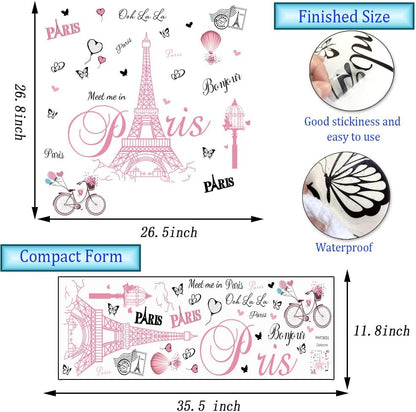 Pink Paris Wall Stickers Bicycle Hot Air Balloon Eiffel Tower Wall Decals Peel and Stick Paris Tower Decor Wall Art Sticker for Bedroom Living Room Sofa Backdrop TV