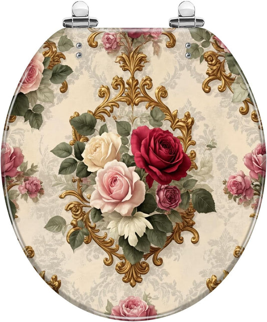 Round Toilet Seat Floral Roses Ornate Gold Soft Pink Victorian Vintage Baroque Resin Toilet Seat with Quietly Close Quick Release Hinges Decorative Toilet Seat with Cover Easy to Clean and Install