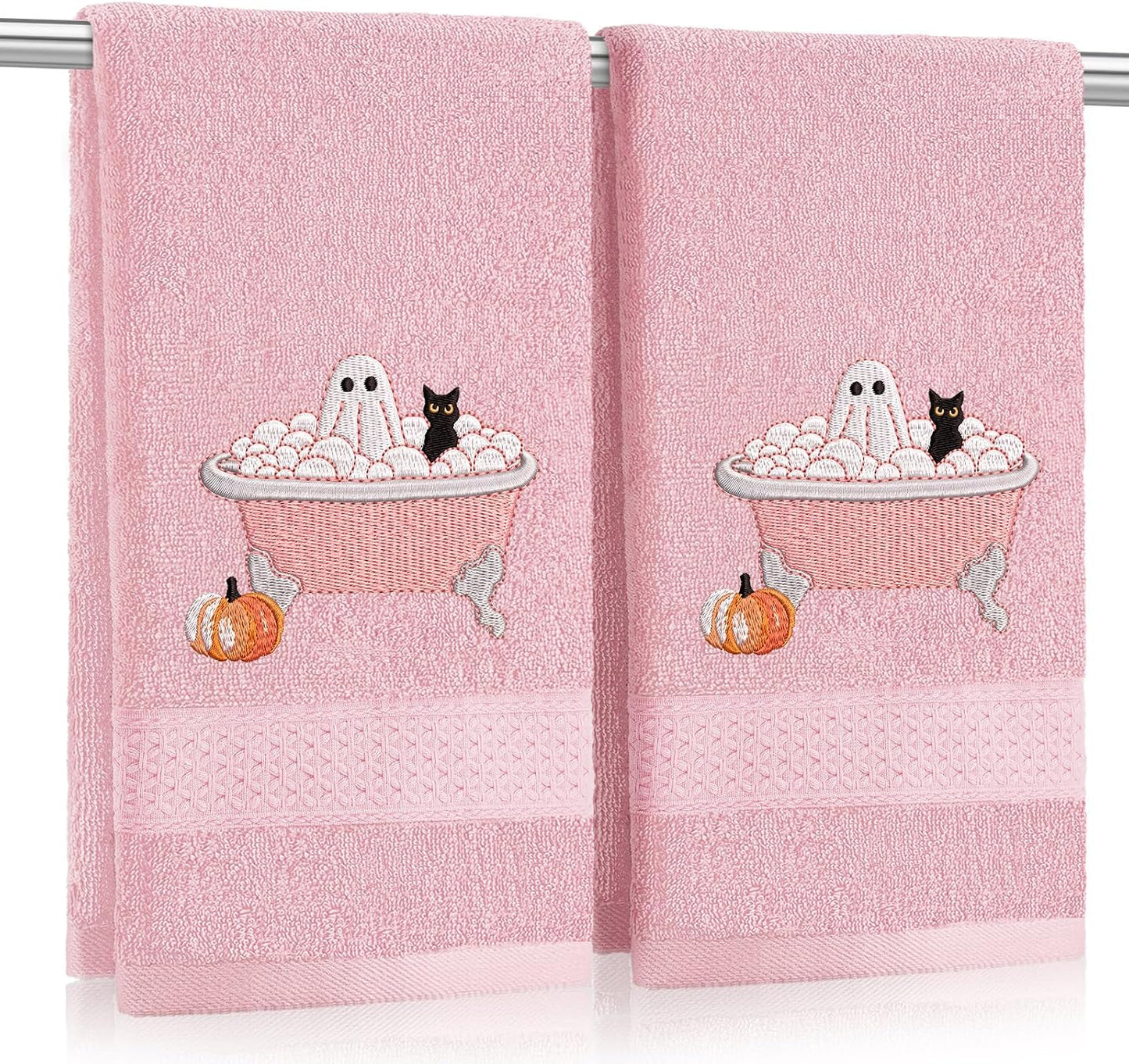 2 Pcs Pink Halloween Hand Towels Embroidered Ghost Bathroom Decor