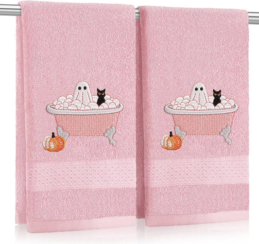 2 Pcs Pink Halloween Hand Towels Embroidered Ghost Bathroom Decor