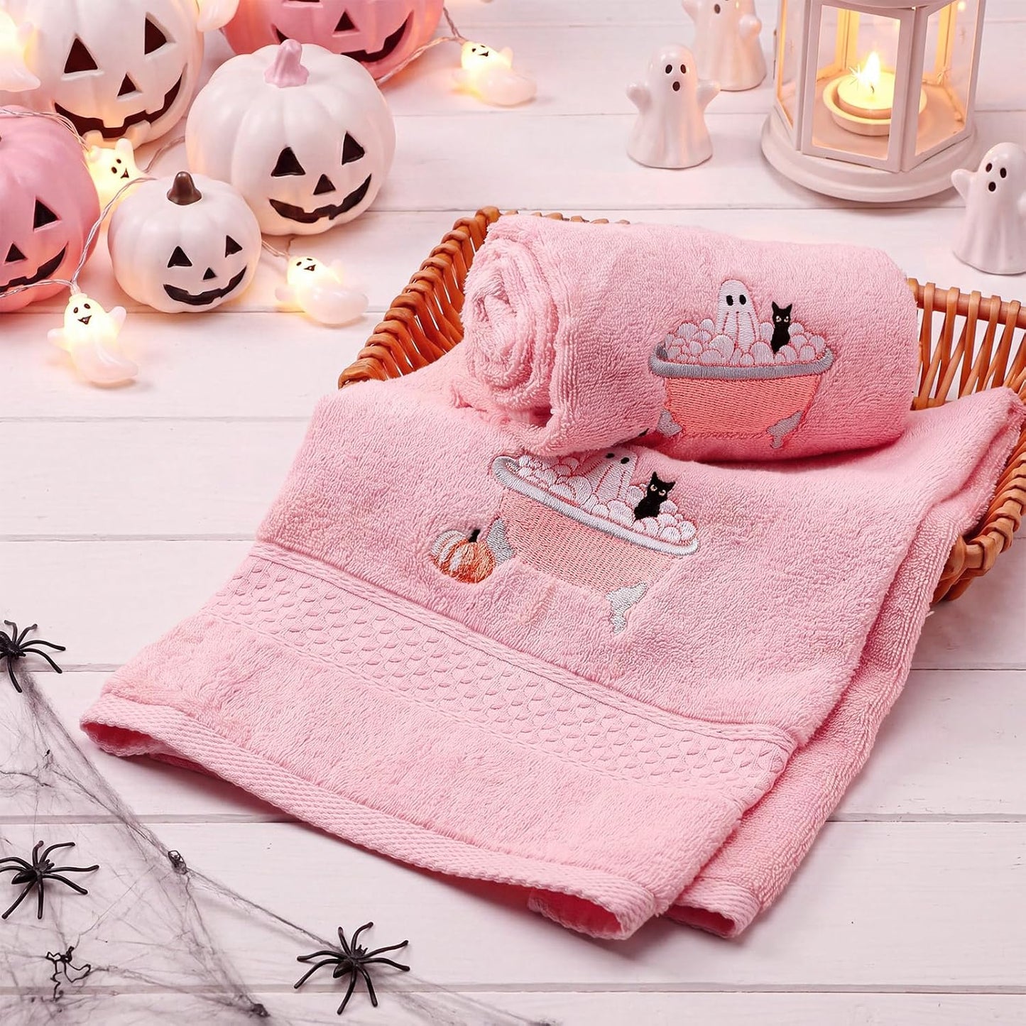 2 Pcs Pink Halloween Hand Towels Embroidered Ghost Bathroom Decor