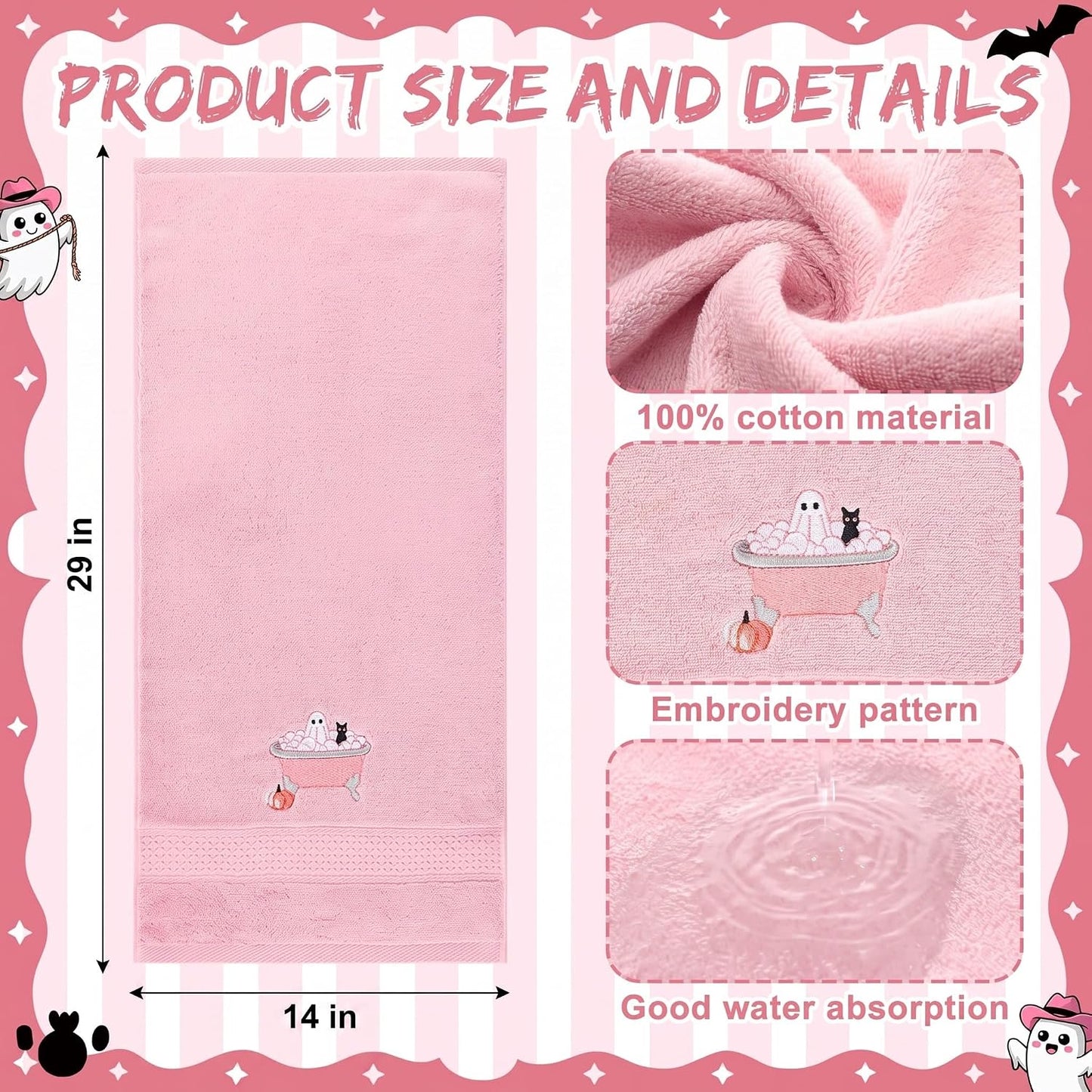 2 Pcs Pink Halloween Hand Towels Embroidered Ghost Bathroom Decor