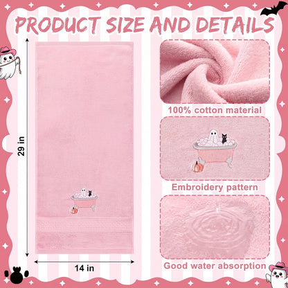 2 Pcs Pink Halloween Hand Towels Embroidered Ghost Bathroom Decor