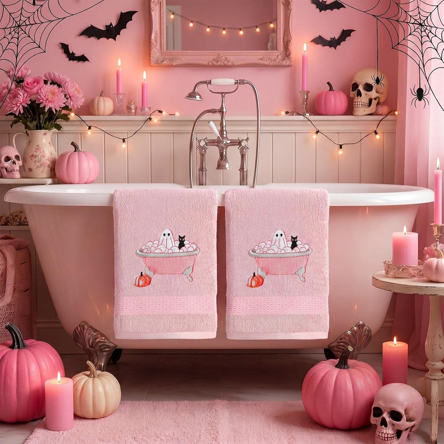 2 Pcs Pink Halloween Hand Towels Embroidered Ghost Bathroom Decor
