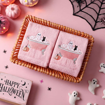 2 Pcs Pink Halloween Hand Towels Embroidered Ghost Bathroom Decor