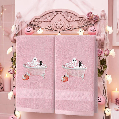 2 Pcs Pink Halloween Hand Towels Embroidered Ghost Bathroom Decor