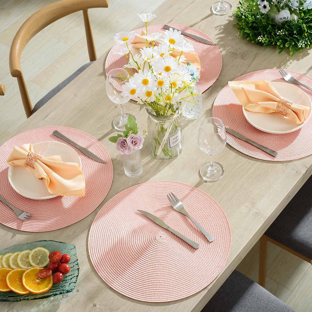 Round Placemats Set of 6 Heat Resistant Washable Non-Slip Woven Braided Table Mats for Dining Table Kitchen & Home Decor (Pink)