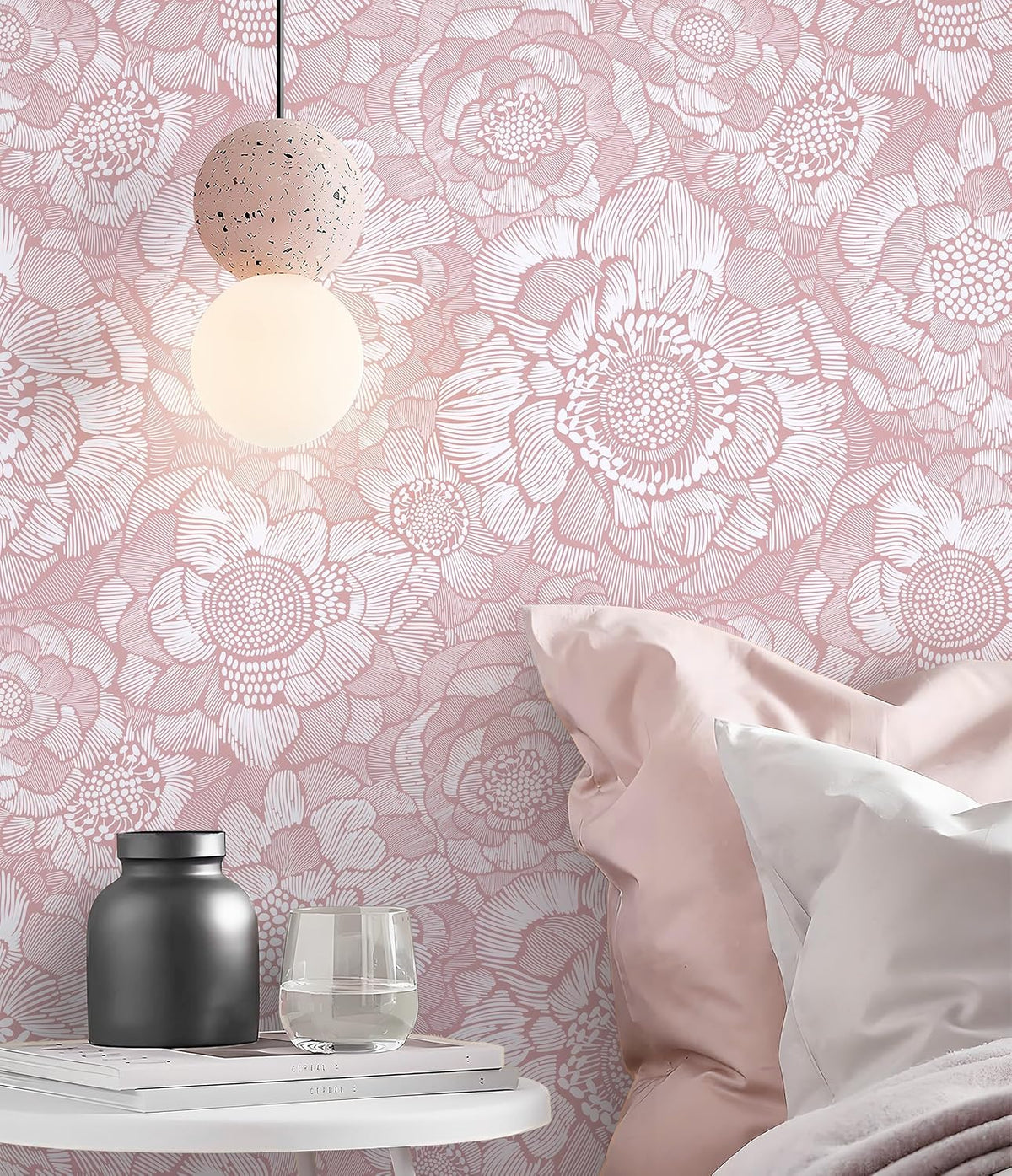 Pink Peel and Stick Wallpaper Pink Floral Contact Paper Boho Wallpaper Removable Self Adhesive Flower Wall Paper for Cabinet Bathroom Bedroom Decoral Papel Tapiz para Pared 17.3" X 78.7"