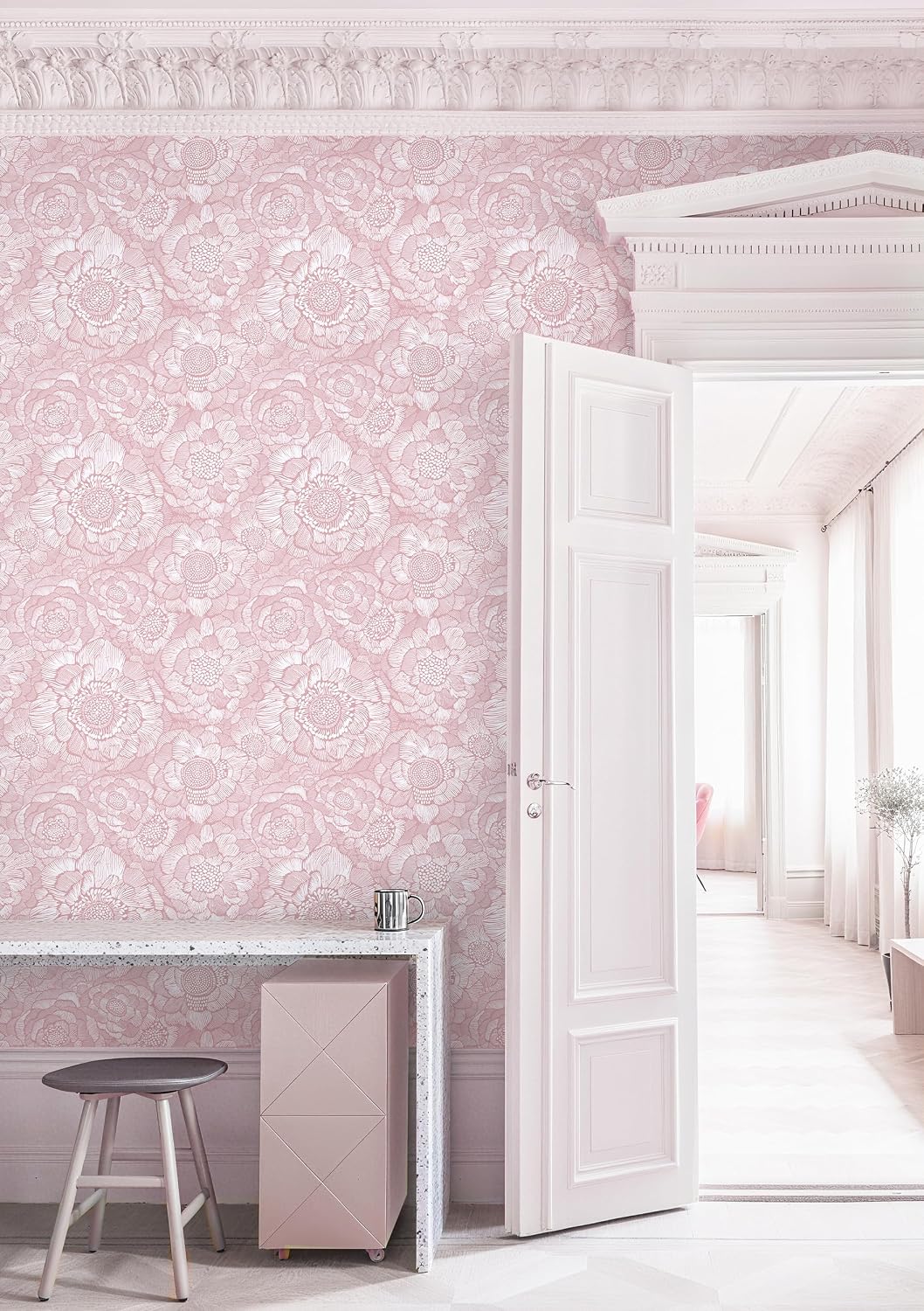 Pink Peel and Stick Wallpaper Pink Floral Contact Paper Boho Wallpaper Removable Self Adhesive Flower Wall Paper for Cabinet Bathroom Bedroom Decoral Papel Tapiz para Pared 17.3" X 78.7"