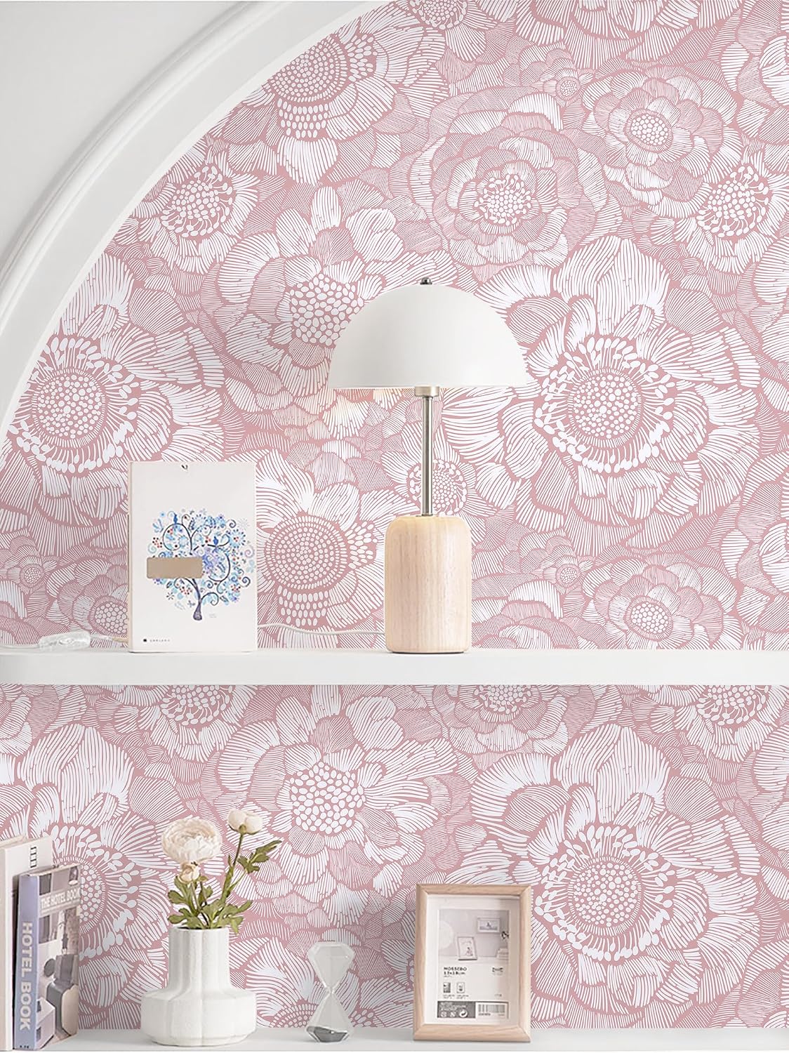 Pink Peel and Stick Wallpaper Pink Floral Contact Paper Boho Wallpaper Removable Self Adhesive Flower Wall Paper for Cabinet Bathroom Bedroom Decoral Papel Tapiz para Pared 17.3" X 78.7"