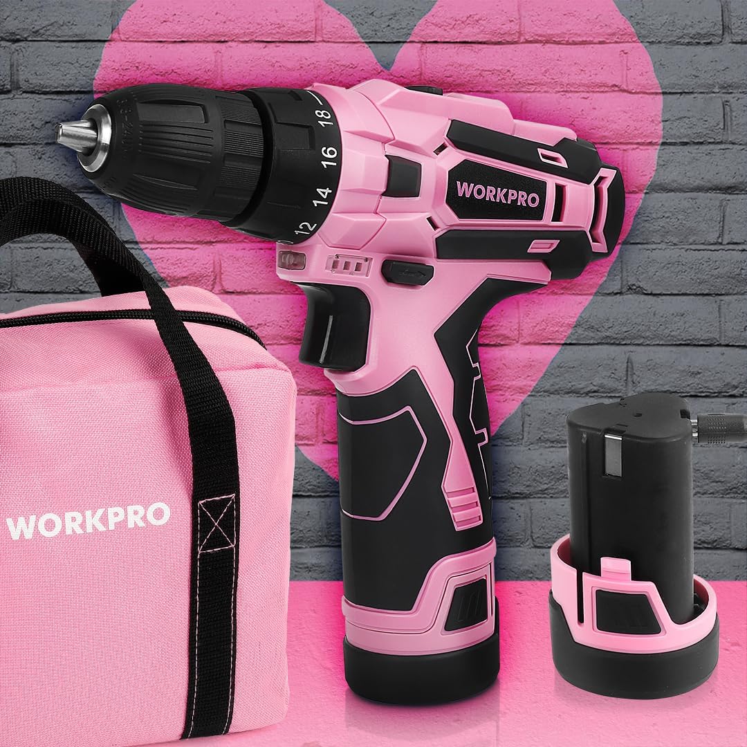 Pink Cordless Drill Driver Set, 12V Electric Screwdriver Driver Tool Kit, 3/8" Keyless Chuck, Charger and Storage Bag Included - Pink Ribbon