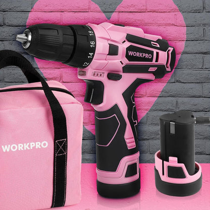 Pink Cordless Drill Driver Set, 12V Electric Screwdriver Driver Tool Kit, 3/8" Keyless Chuck, Charger and Storage Bag Included - Pink Ribbon
