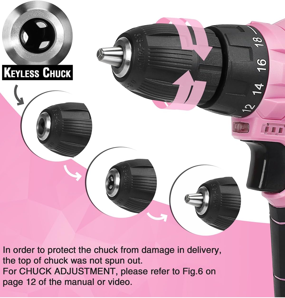 Pink Cordless Drill Driver Set, 12V Electric Screwdriver Driver Tool Kit, 3/8" Keyless Chuck, Charger and Storage Bag Included - Pink Ribbon