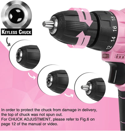 Pink Cordless Drill Driver Set, 12V Electric Screwdriver Driver Tool Kit, 3/8" Keyless Chuck, Charger and Storage Bag Included - Pink Ribbon