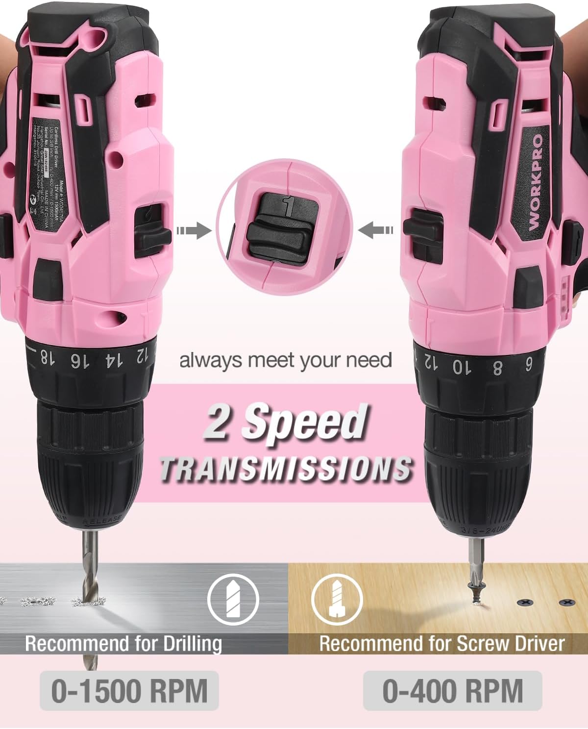 Pink Cordless Drill Driver Set, 12V Electric Screwdriver Driver Tool Kit, 3/8" Keyless Chuck, Charger and Storage Bag Included - Pink Ribbon