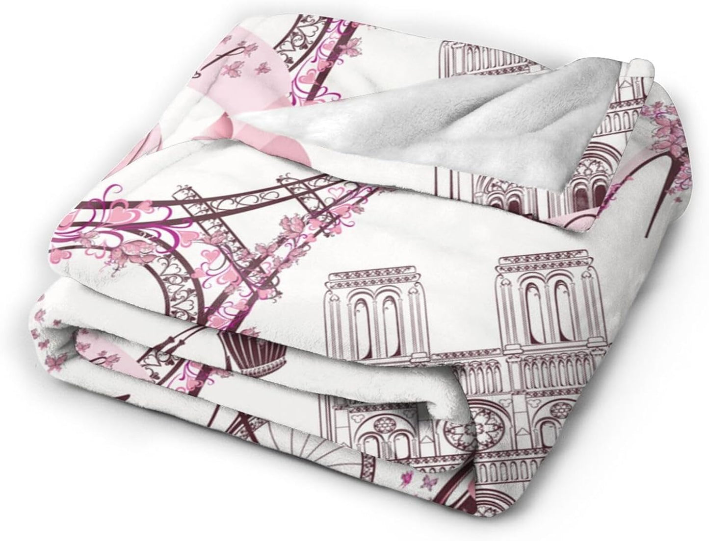 Paris Romantic Pink Blanket, Soft Blankets Flannel Bed Throw Cozy Lightweight Plush Gifts for Women Girls Sofa Couch Bedroom Living Rooms Warm All Season, Home Decor, 60"x50"