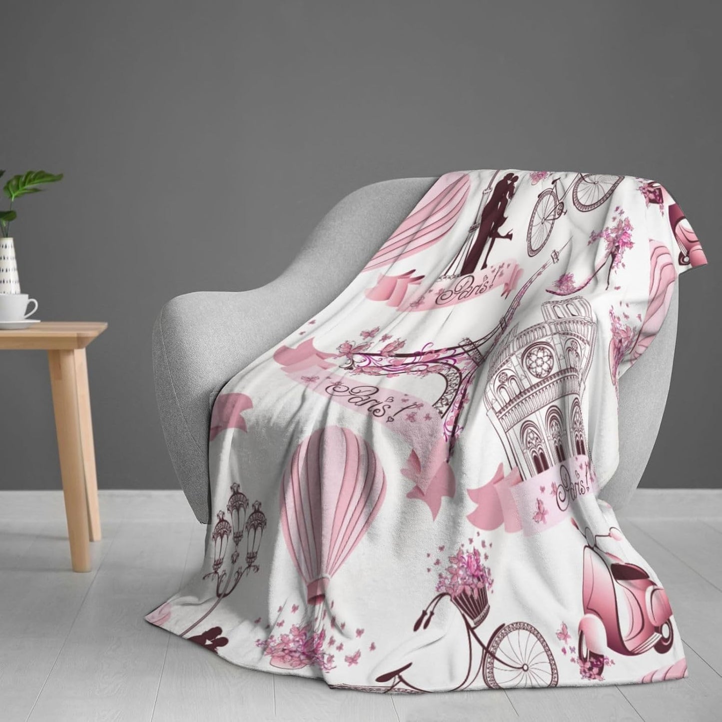 Paris Romantic Pink Blanket, Soft Blankets Flannel Bed Throw Cozy Lightweight Plush Gifts for Women Girls Sofa Couch Bedroom Living Rooms Warm All Season, Home Decor, 60"x50"