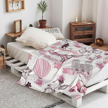 Paris Romantic Pink Blanket, Soft Blankets Flannel Bed Throw Cozy Lightweight Plush Gifts for Women Girls Sofa Couch Bedroom Living Rooms Warm All Season, Home Decor, 60"x50"