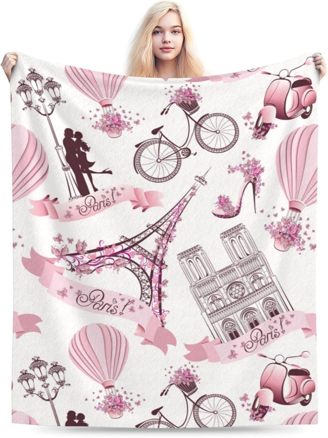 Paris Romantic Pink Blanket, Soft Blankets Flannel Bed Throw Cozy Lightweight Plush Gifts for Women Girls Sofa Couch Bedroom Living Rooms Warm All Season, Home Decor, 60"x50"
