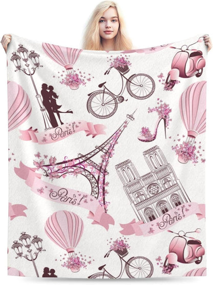 Paris Romantic Pink Blanket, Soft Blankets Flannel Bed Throw Cozy Lightweight Plush Gifts for Women Girls Sofa Couch Bedroom Living Rooms Warm All Season, Home Decor, 60"x50"
