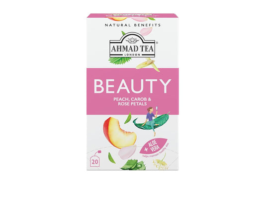 Ahmad Tea Herbal Tea, Peach, Carob, and Rose Petals 'Beauty' Natural Benefits Teabags, 20 ct (Pack of 1) - Decaffeinated & Sugar-Free