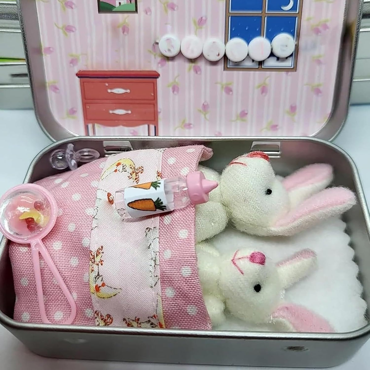 Plush Bunny Mini Pocket Tin, Little Pocket Bunny, Pocket Bunnies Easter Basket Stuffer, DIY Pet Bunny Adoption, Easter Gifts, Easter Basket Decorations (Pink)