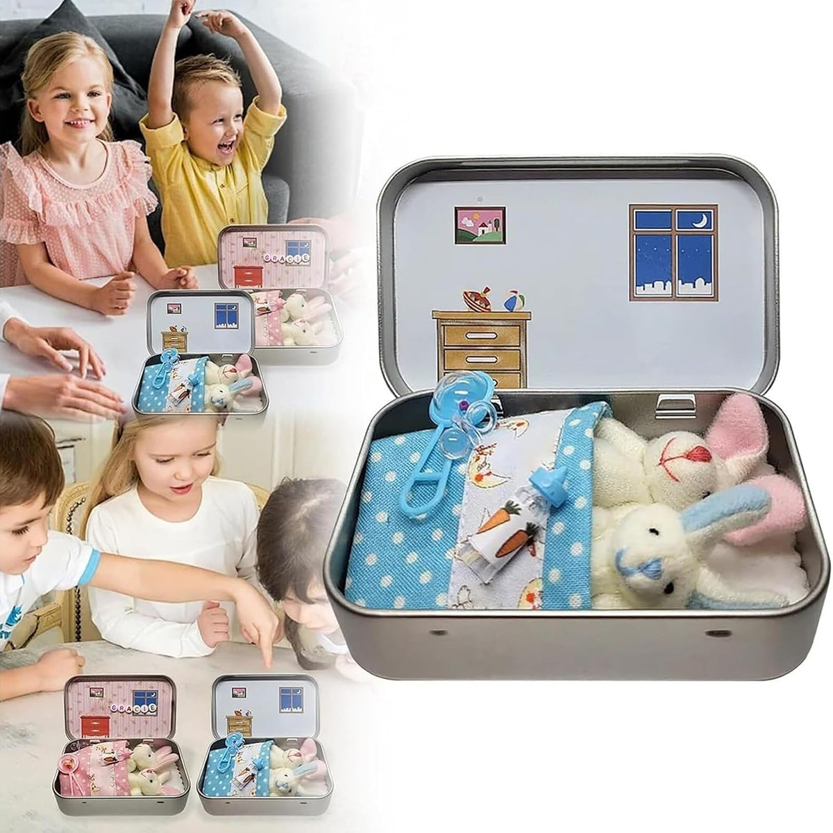 Plush Bunny Mini Pocket Tin, Little Pocket Bunny, Pocket Bunnies Easter Basket Stuffer, DIY Pet Bunny Adoption, Easter Gifts, Easter Basket Decorations (Pink)