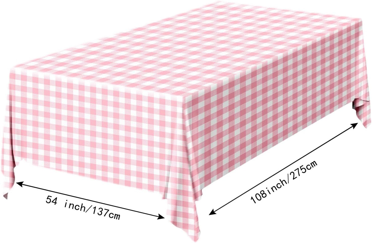 2 Pack Pink Gingham Tablecloth 54 × 108 Inch Pink and White Checkered Table Cloth Plastic Rectangle Table Cover for Picnic Birthday Wedding Baby Shower Party Gingham Tablecloth Diaposable