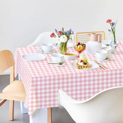 2 Pack Pink Gingham Tablecloth 54 × 108 Inch Pink and White Checkered Table Cloth Plastic Rectangle Table Cover for Picnic Birthday Wedding Baby Shower Party Gingham Tablecloth Diaposable