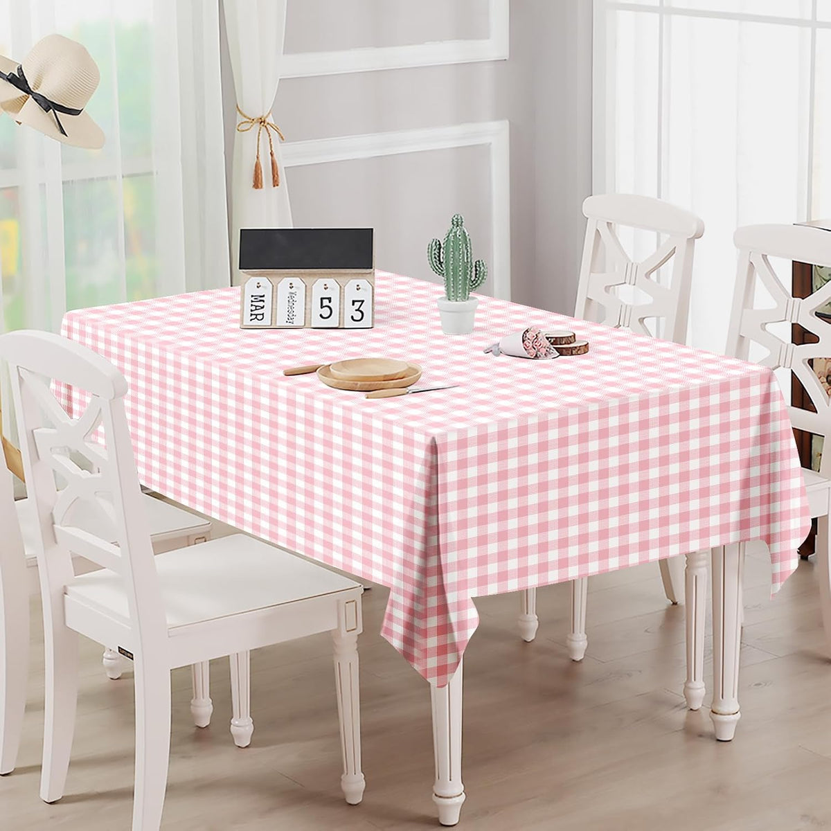 2 Pack Pink Gingham Tablecloth 54 × 108 Inch Pink and White Checkered Table Cloth Plastic Rectangle Table Cover for Picnic Birthday Wedding Baby Shower Party Gingham Tablecloth Diaposable