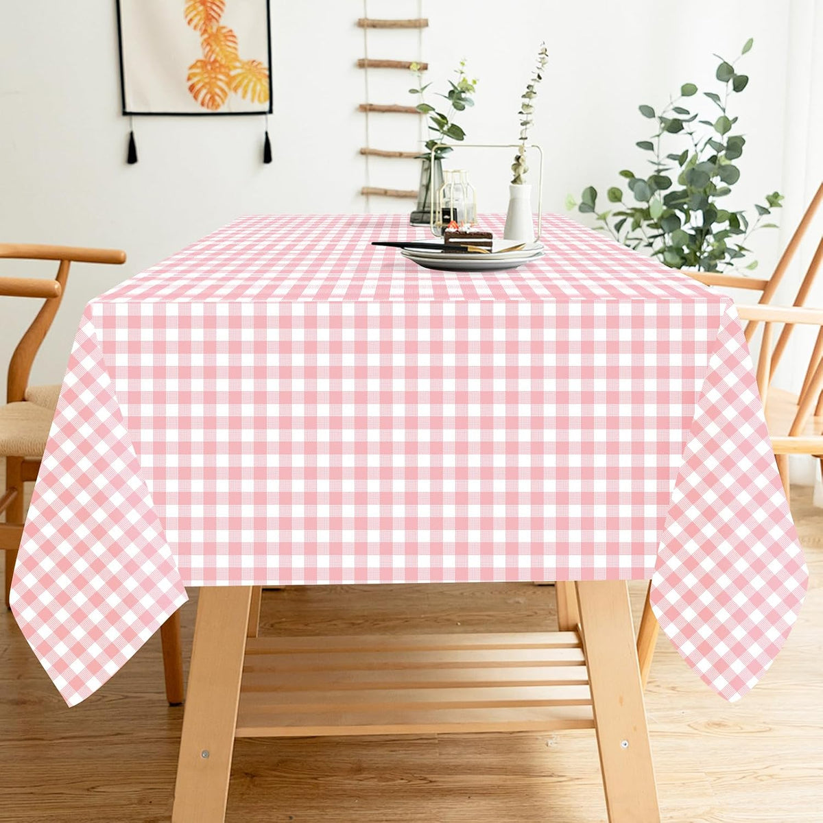 2 Pack Pink Gingham Tablecloth 54 × 108 Inch Pink and White Checkered Table Cloth Plastic Rectangle Table Cover for Picnic Birthday Wedding Baby Shower Party Gingham Tablecloth Diaposable