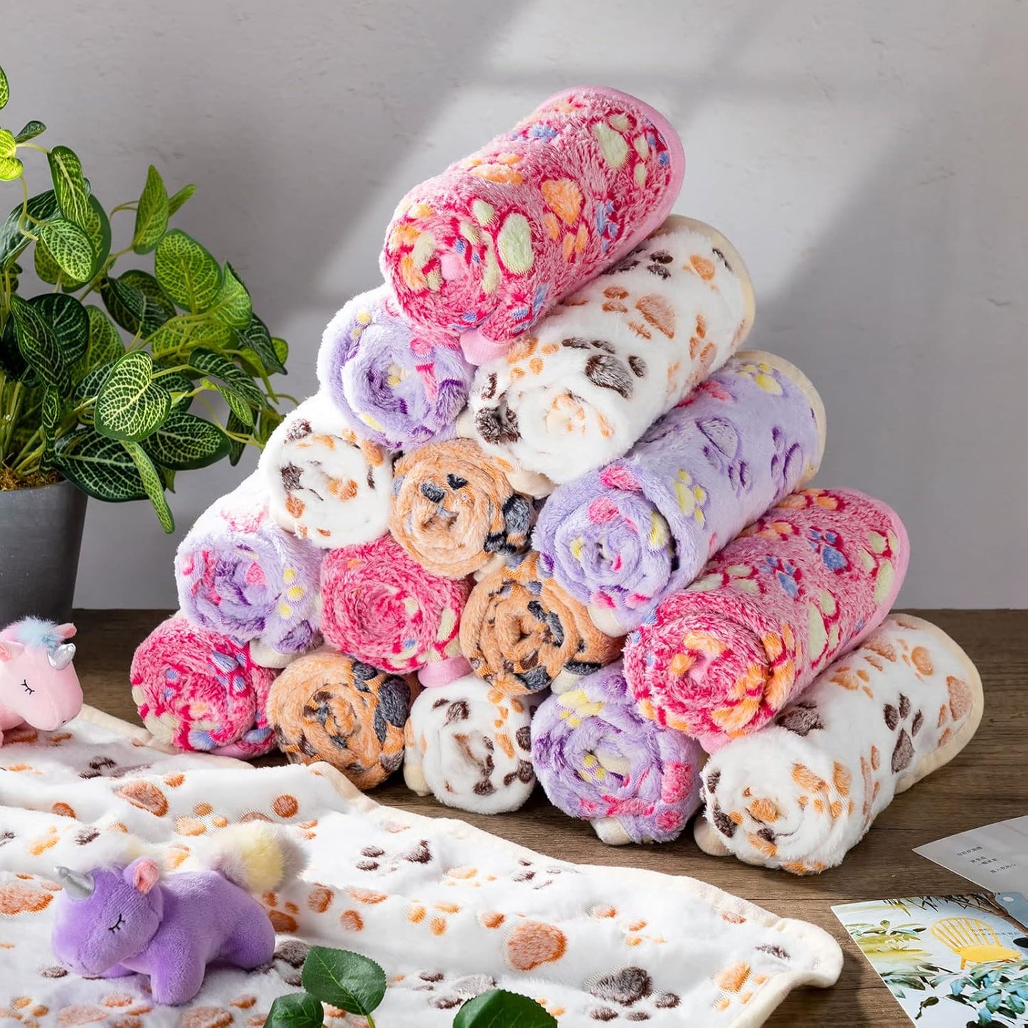 40 Pcs Dog Blankets Soft Fluffy Fleece Washable Puppy Sleep Blankets Small Mat for Pets Throw Warm Bed Mat for Dog Puppy Cat (Pink,White,Brown,Purple,Paw)