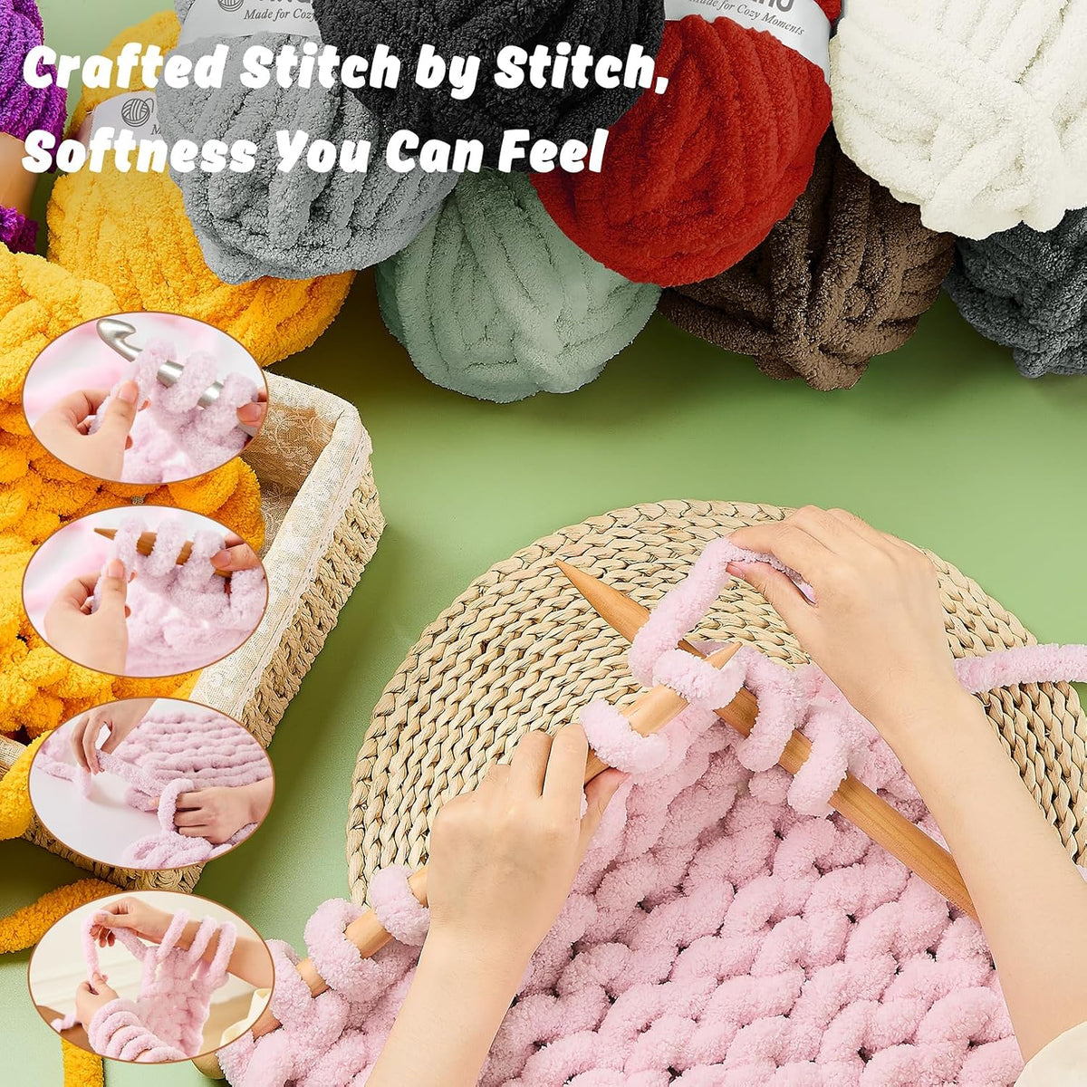 Baby Pink Chunky Chenille Yarn for Hand Knitting,Thick Bulky Mom Blanket Yarn for Crocheting,Soft Fluffy Yarn for Mother’s Day Gifts and Crafts for Women/Grandma,8 Pack (29.5Yds/8.4oz Each)